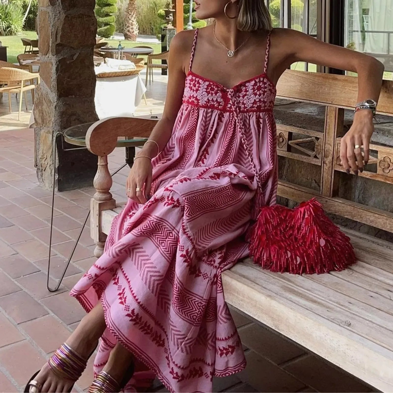 Vestido Largo Boho para Mujer | Tirantes, Crochet y Borlas, Estampado de Verano