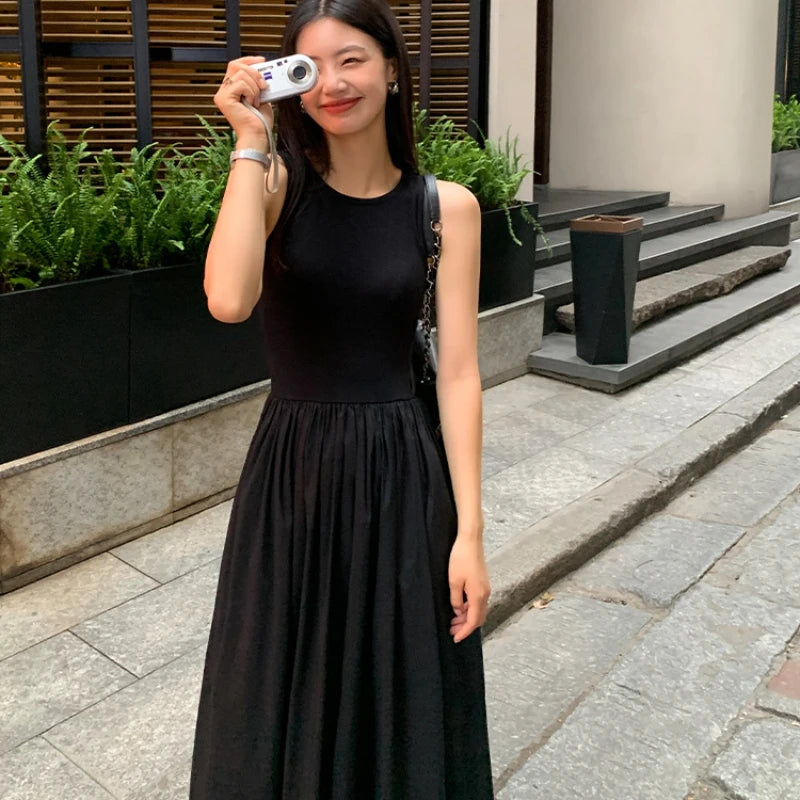 Vestido Largo Negro para Mujer | Escote Redondo, Sin Mangas con Bolsillos, Verano
