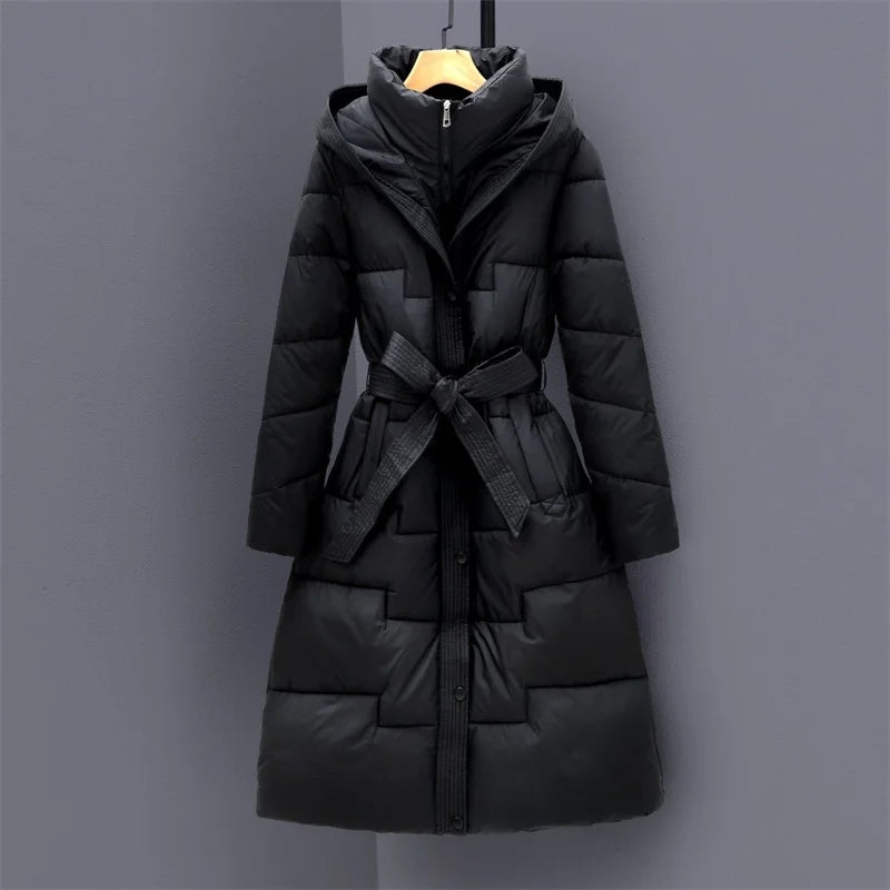 Abrigo Largo Acolchado con Capucha y Cinturón para Mujer | Cálido de Invierno