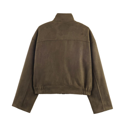 Cazadora de Antelina para Mujer | Chaqueta Efecto Ante con Cuello Alto y Bolsillos