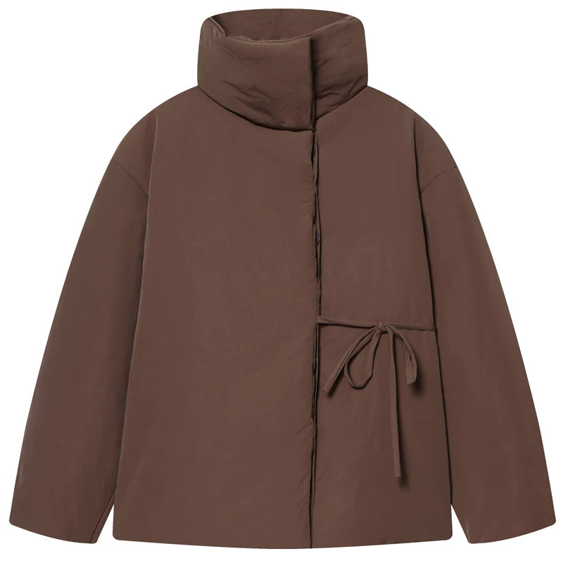 Chaqueta Acolchada Corta Marrón para Mujer | Chaquetón Cuello Alto con Cordón