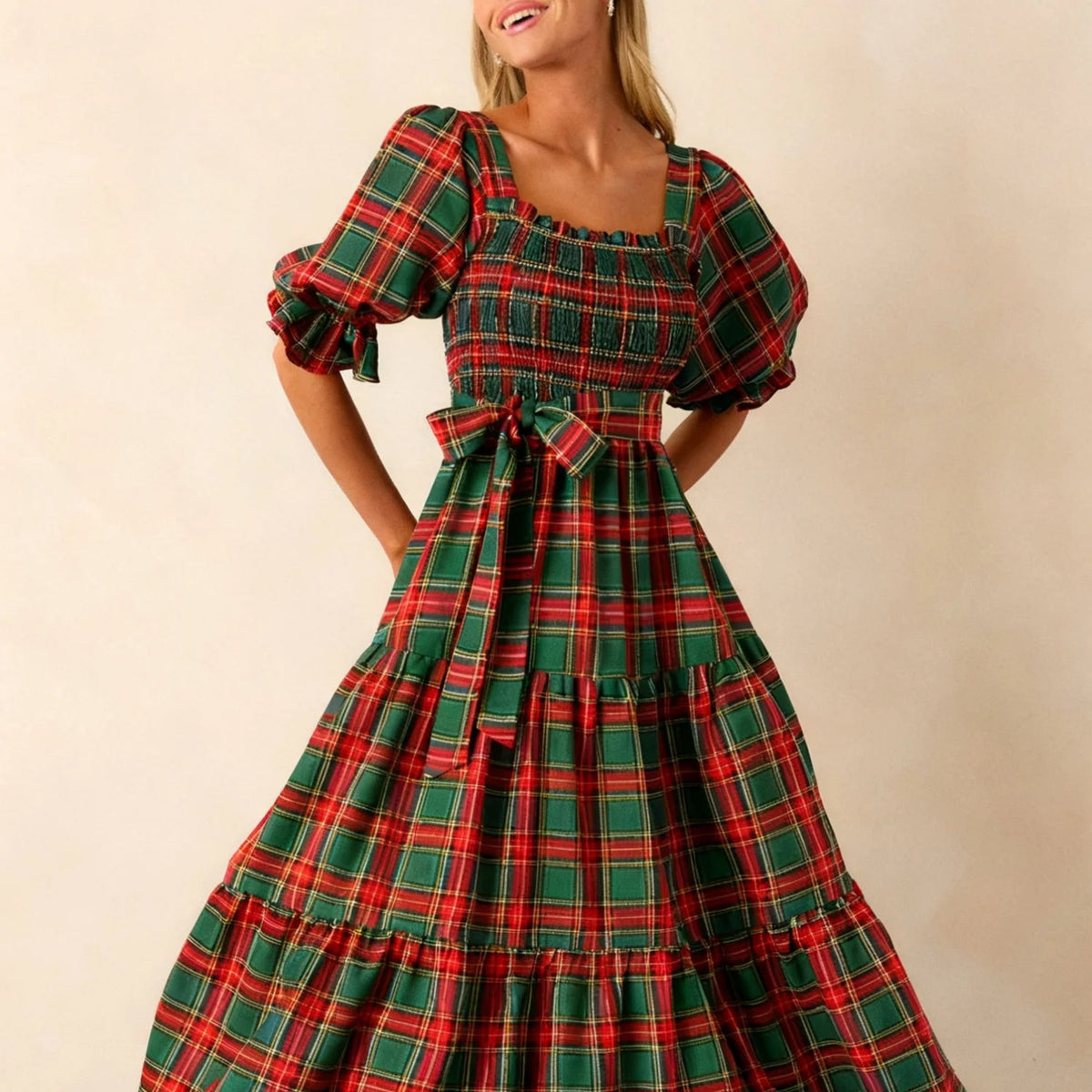 Vestido de Cuadros con Lazo para Mujer | Midi de Manga Farol y Falda de Volantes