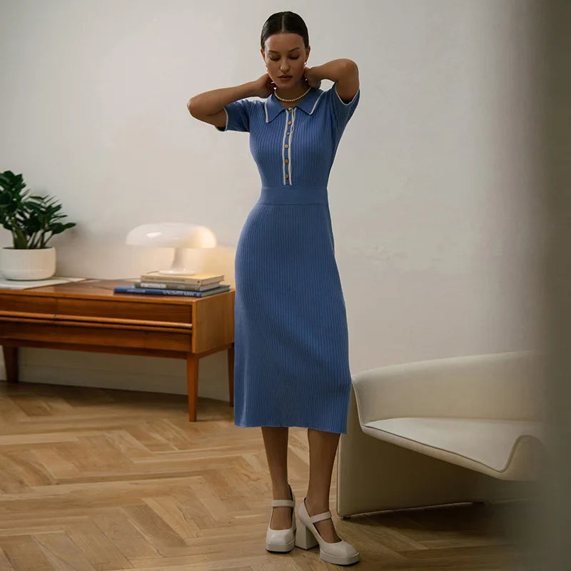 Vestido Maxi de Punto Ajustado para Mujer | Entallado de Manga Corta y Solapa