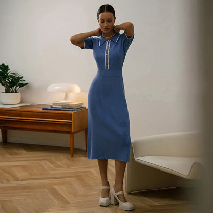 Vestido Maxi de Punto Ajustado para Mujer | Entallado de Manga Corta y Solapa