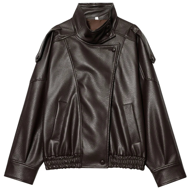 Chaqueta de Piel Sintética Oversize para Mujer | Bomber Motero de Cuello Alto