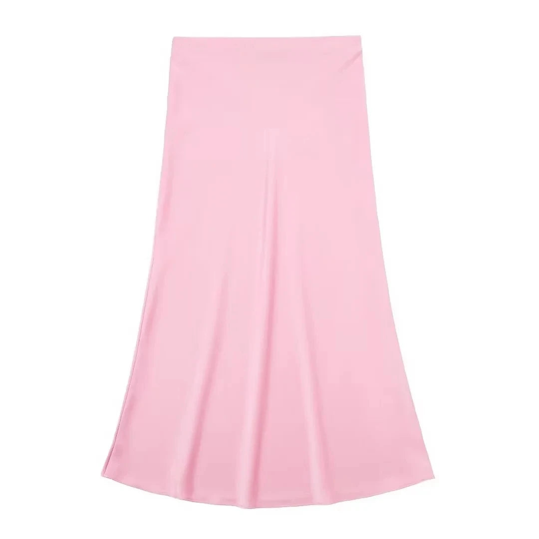 Falda Midi Satinada de Cintura Alta para Mujer | Falda de Verano Efecto Seda