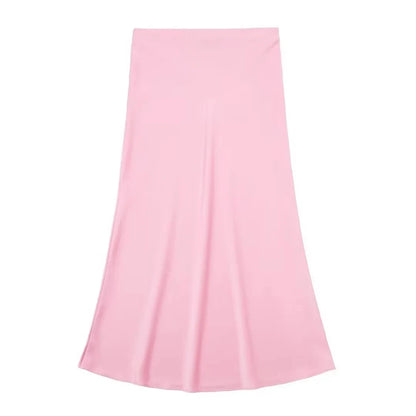 Falda Midi Satinada de Cintura Alta para Mujer | Falda Elegante Efecto Seda