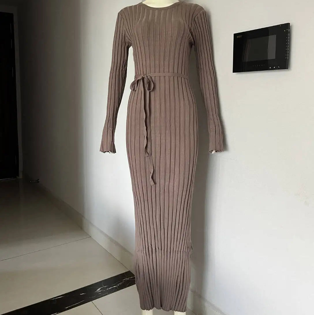 Vestido Maxi de Punto Canalé para Mujer | Cuello Redondo
