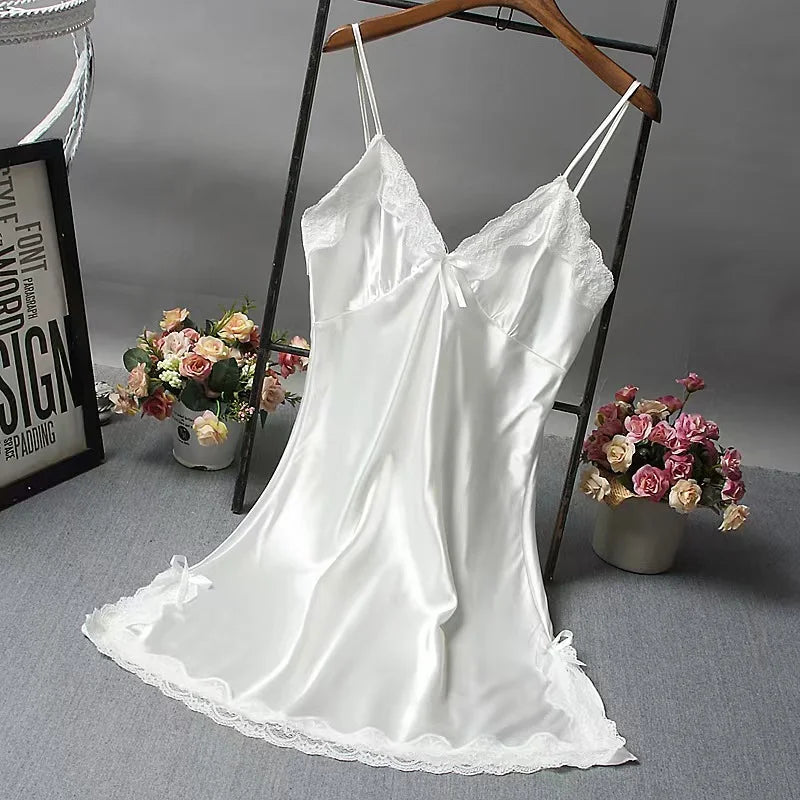 Camisón de Satén para Mujer | Vestido Lencero de Tirantes con Encaje