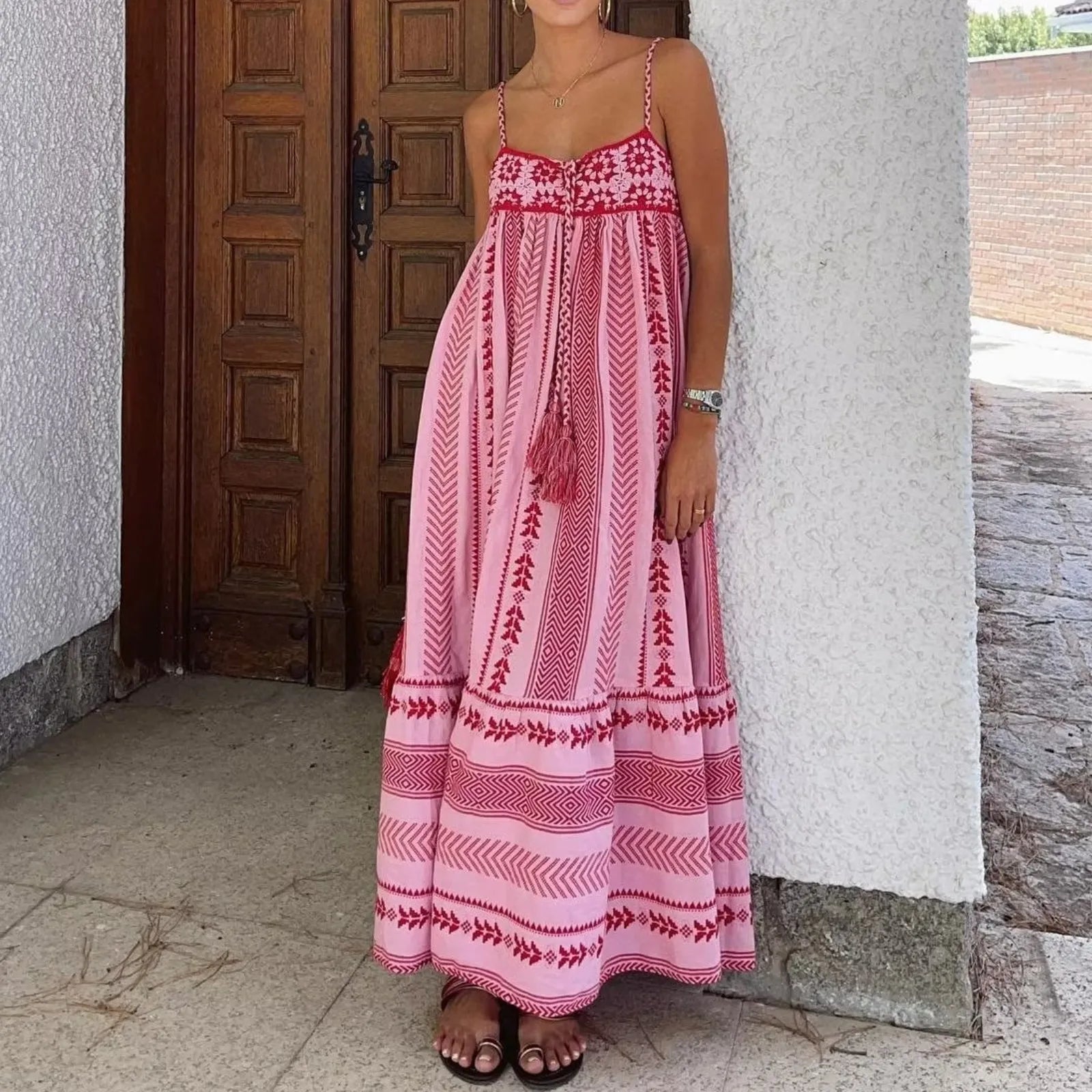 Vestido Largo Boho para Mujer | Tirantes, Crochet y Borlas, Estampado de Verano