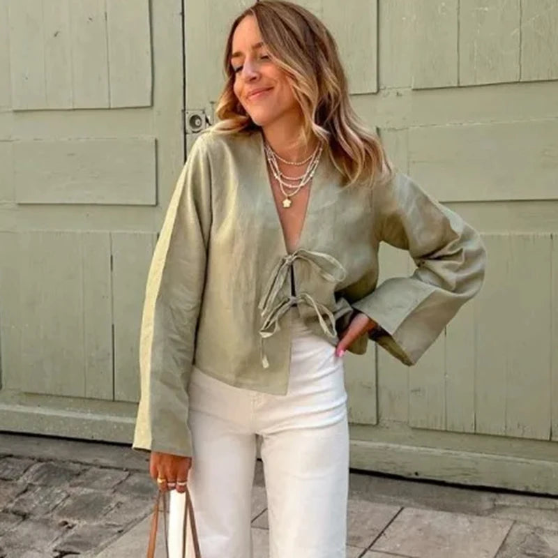 Blusa de Manga Larga para Mujer | Escote en Pico con Lazos, Ligera y Fluida de Verano