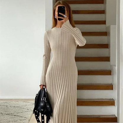 Vestido Maxi de Punto Canalé para Mujer | Cuello Redondo