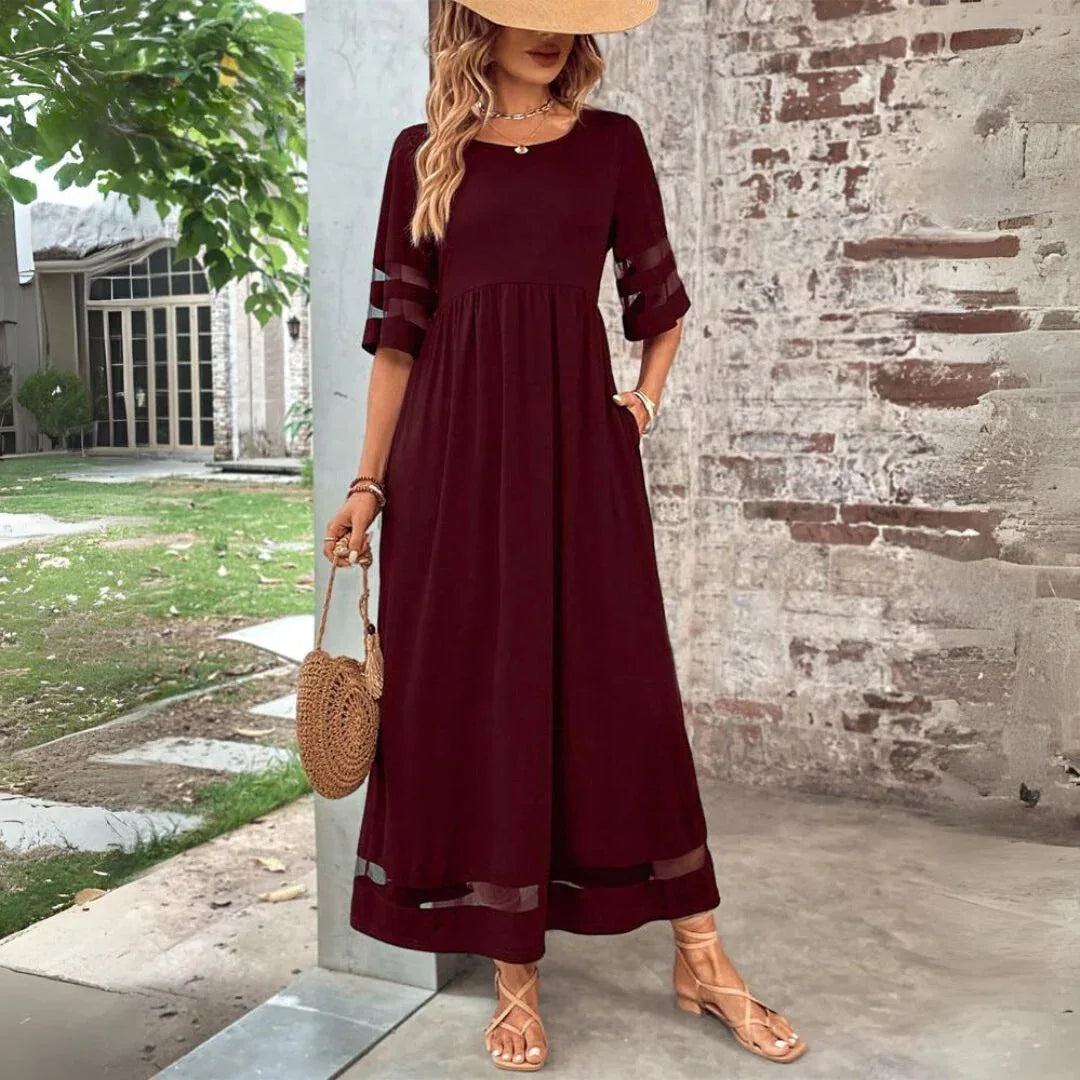 Vestido Largo para Mujer | Vestido Casual de Media Manga con Franjas de Tul y Bolsillos