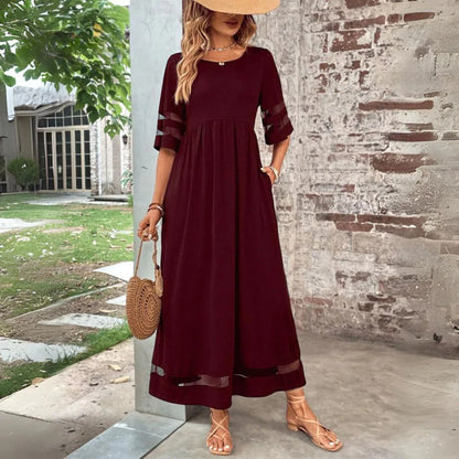 Vestido Largo para Mujer | Vestido Casual de Media Manga con Franjas de Tul y Bolsillos