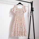 Vestido Midi Fruncido Floral para Mujer | Vestido de Verano Escote Cuadrado