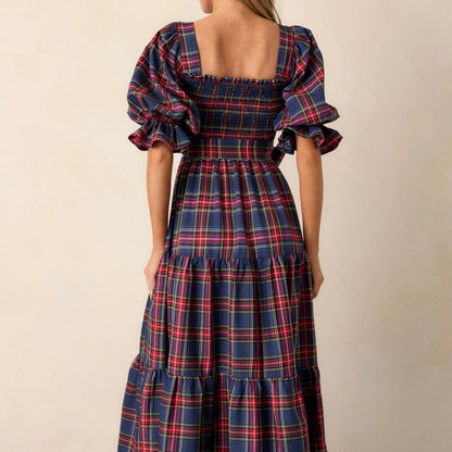 Vestido de Cuadros con Lazo para Mujer | Midi de Manga Farol y Falda de Volantes