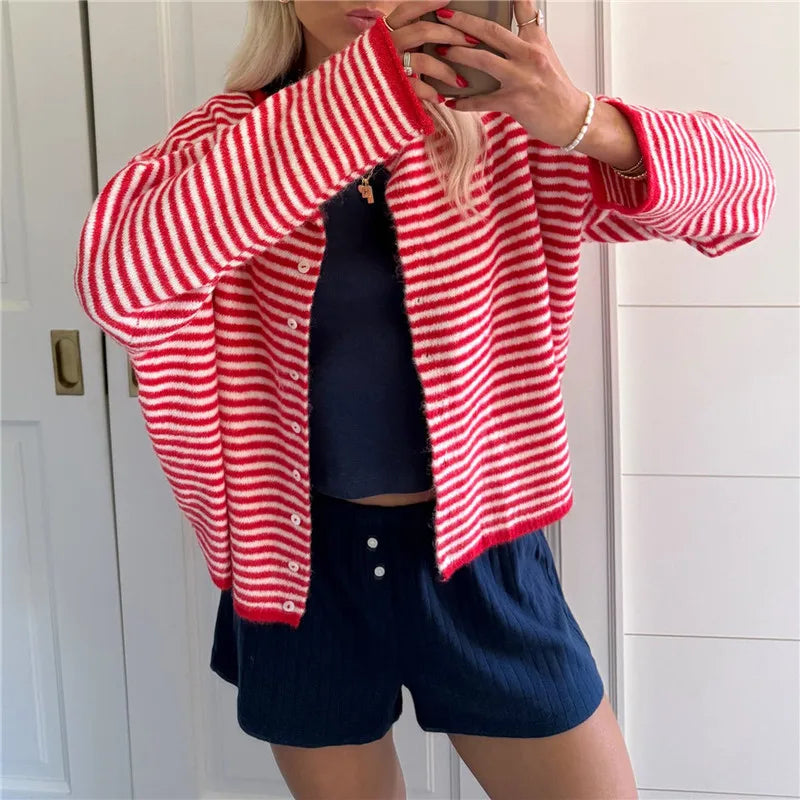 Cárdigan Largo Oversize de Rayas para Mujer | Punto Abierto con Botones