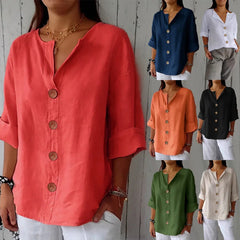 Camisa de Lino para Mujer | Blusa Holgada de Botones con Escote en V