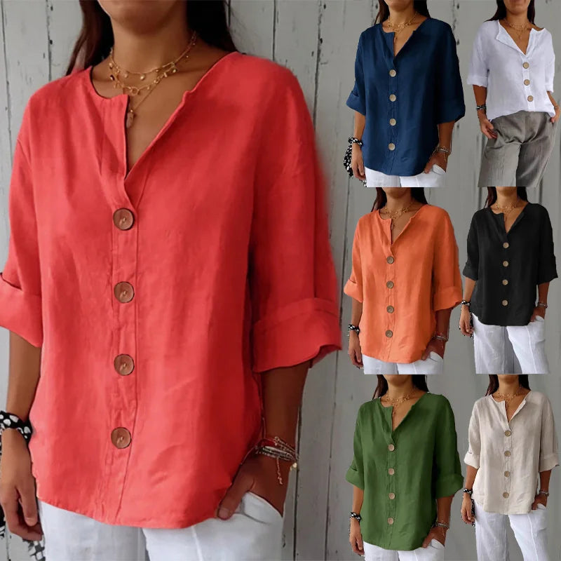 Camisa de Lino para Mujer | Blusa Holgada de Botones con Escote en V
