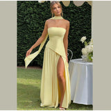 Vestido Largo Palabra de Honor para Mujer | Maxi Plisado de Verano con Abertura