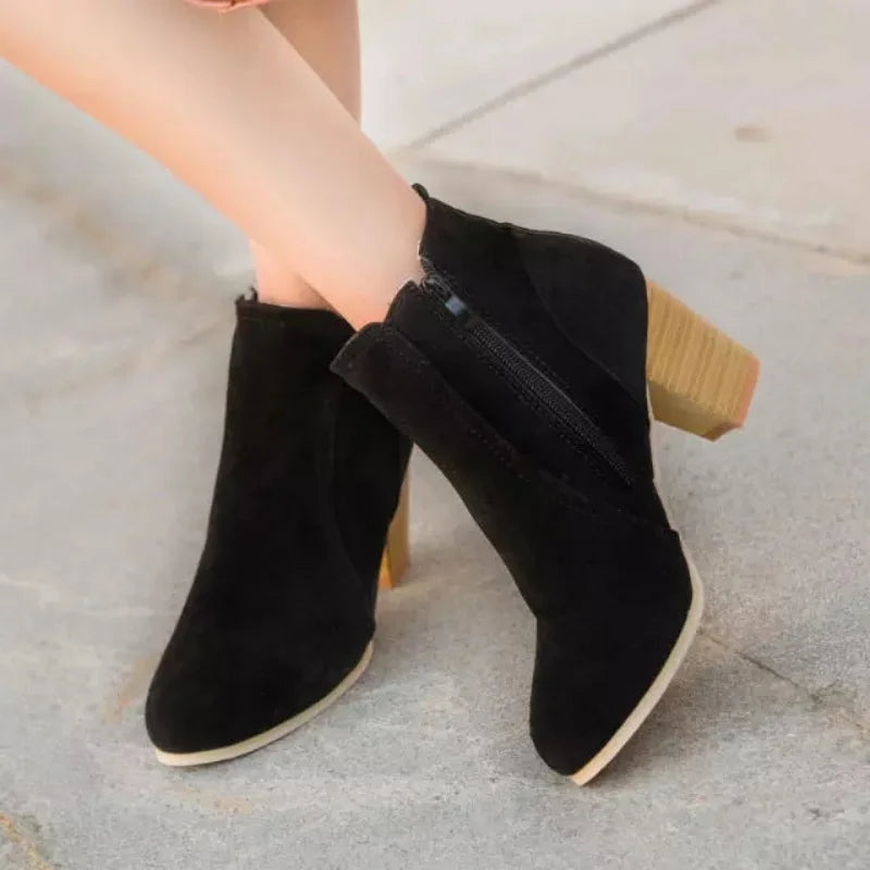 Botines de Tacón Cuadrado para Mujer | Botines de Otoño Efecto Ante con Cremallera