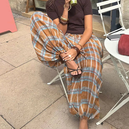 Pantalón Bombacho de Cuadros para Mujer | Pantalón Ancho con Cordón y Puño Elástico