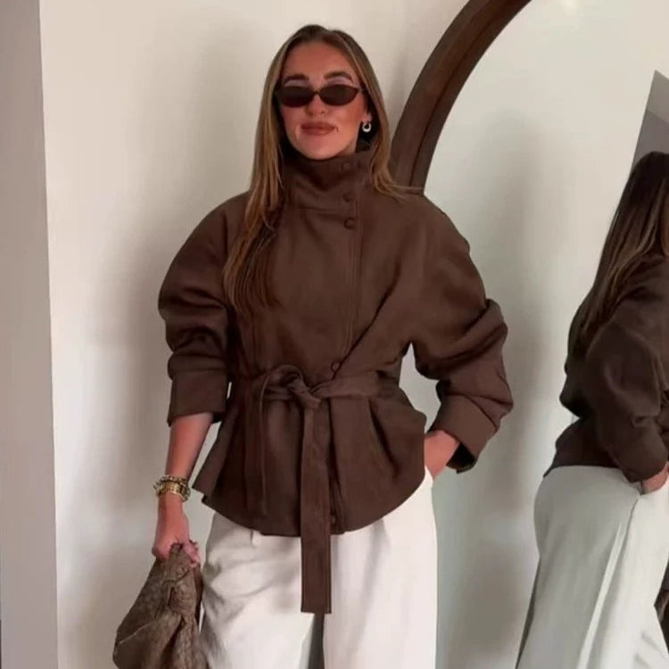 Chaqueta de Antelina para Mujer | Chaqueta Efecto Ante con Cuello Alto y Cinturón