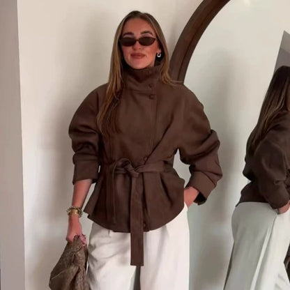 Chaqueta de Antelina para Mujer | Chaqueta Efecto Ante con Cuello Alto y Cinturón