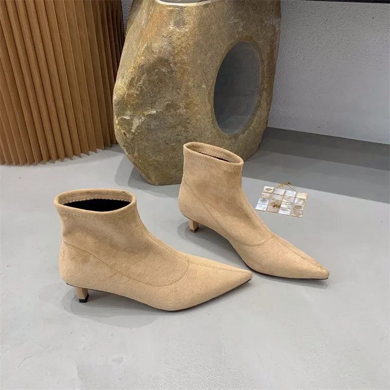 Botines Efecto Ante para Mujer | Botines de Invierno Tacón Bajo Punta Fina