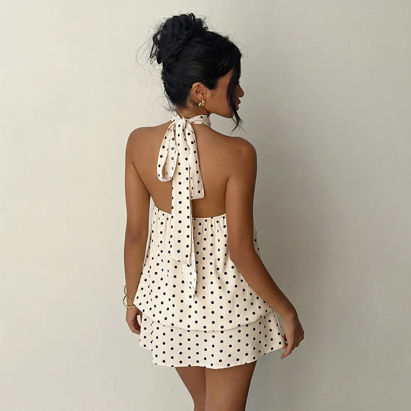 Vestido Corto de Lunares con Cuello Halter para Mujer | Vestido de Verano Vintage con Espalda al Aire