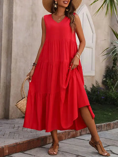 Vestido Midi Evasé para Mujer | Vestido de Verano Liso sin Mangas con Escote en V