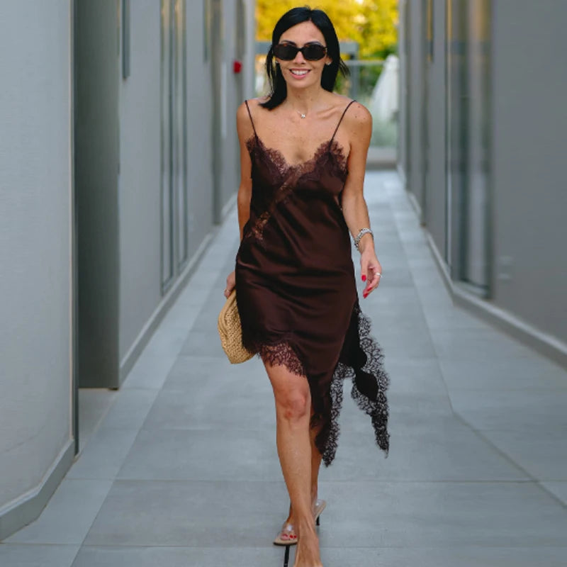 Vestido Corto Satinado con Encaje para Mujer | Vestido Lencero Asimétrico de Verano