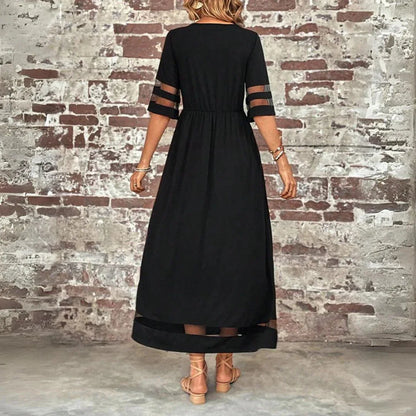 Vestido Largo para Mujer | Vestido Casual de Media Manga con Franjas de Tul y Bolsillos
