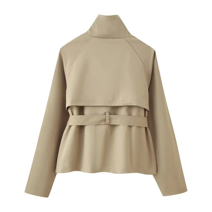 Gabardina Corta para Mujer | Trench Cruzado con Cuello Alto y Cinturón