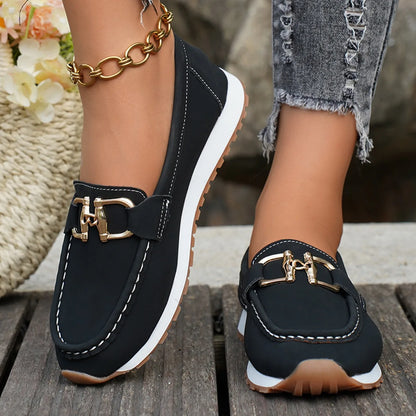 Mocasines Cómodos para Mujer | Mocasines Efecto Ante con Hebilla Dorada y Suela Ligera