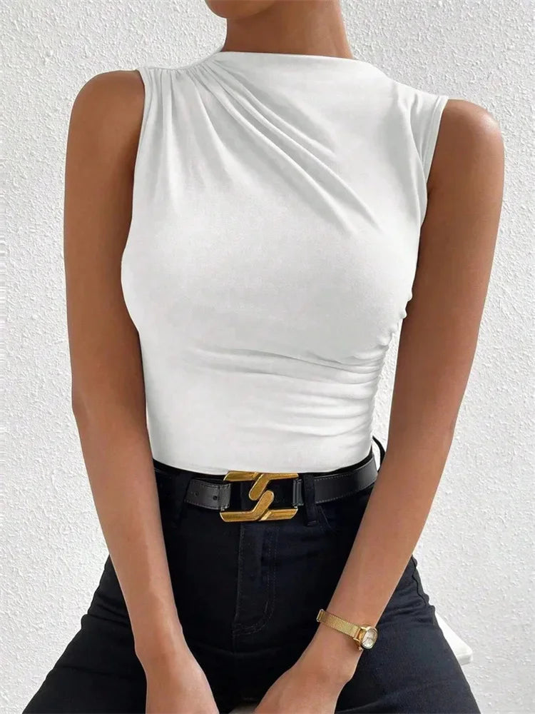 Top de Tirantes Fruncido para Mujer | Camiseta sin Mangas de Cuello Alto