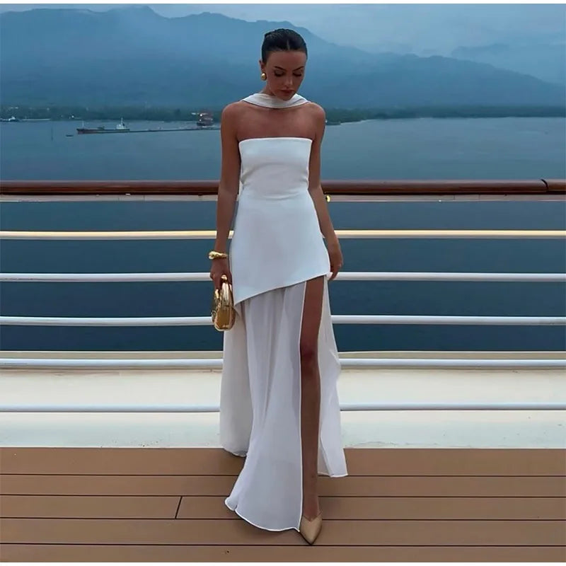 Vestido Largo Palabra de Honor para Mujer | Maxi Plisado de Verano con Abertura