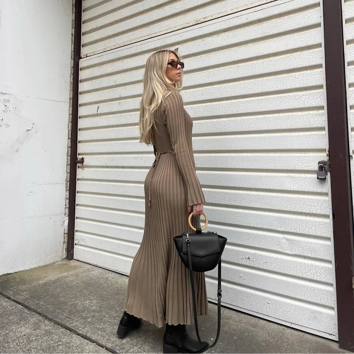 Vestido Maxi de Punto Canalé para Mujer | Cuello Redondo