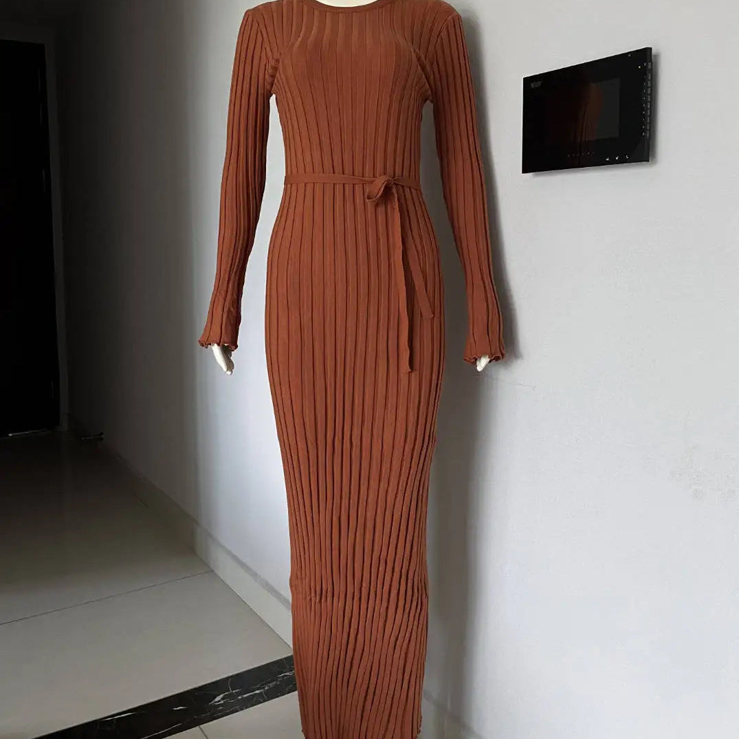 Vestido Maxi de Punto Canalé para Mujer | Cuello Redondo