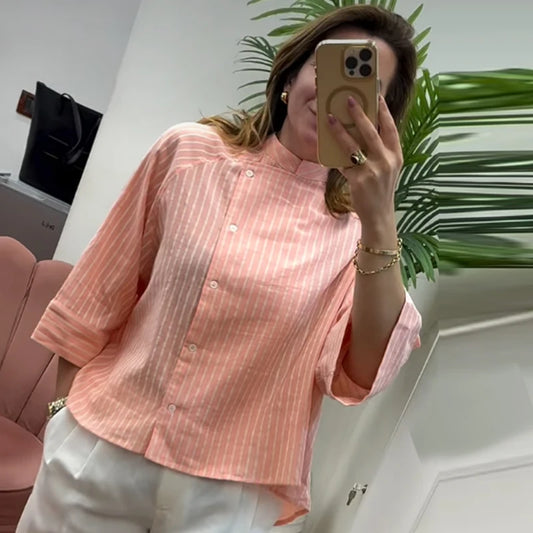 Camisa de Rayas Asimétrica para Mujer | Camisa de Cierre Cruzado y Cuello Mao