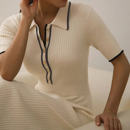 Vestido Maxi de Punto Ajustado para Mujer | Entallado de Manga Corta y Solapa