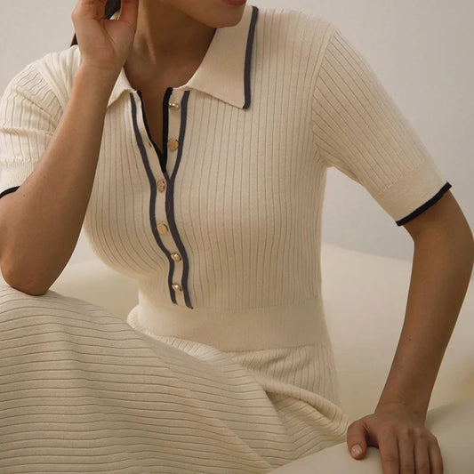 Vestido Maxi de Punto Ajustado para Mujer | Entallado de Manga Corta y Solapa