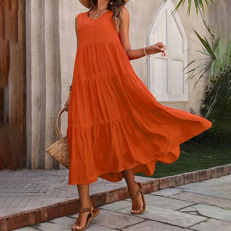 Vestido Midi Evasé para Mujer | Vestido de Verano Liso sin Mangas con Escote en V