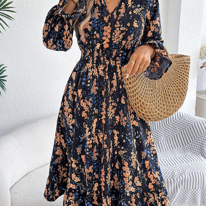 Vestido Midi Fruncido para Mujer | Escote V Manga Larga