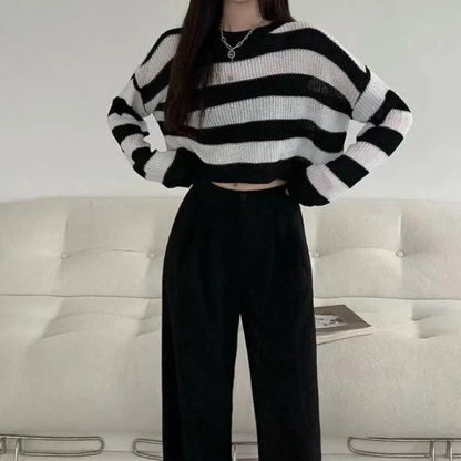 Jersey Crop de Rayas Blanco para Mujer | Punto Oversize
