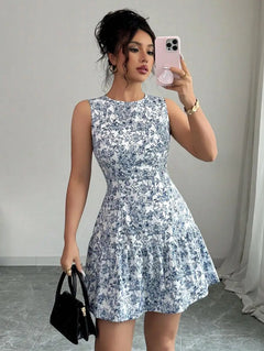 Vestido Corto Floral para Mujer | Sin Mangas, Escote Redondo y Vuelo, Verano
