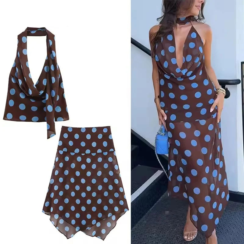Conjunto Top y Falda de Lunares para Mujer | Halter y Falda Pañuelo de Verano