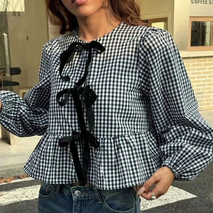 Blusa de Cuadros Vichy para Mujer | Manga Farol con Lazos