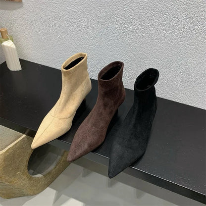 Botines Efecto Ante para Mujer | Botines de Invierno Tacón Bajo Punta Fina