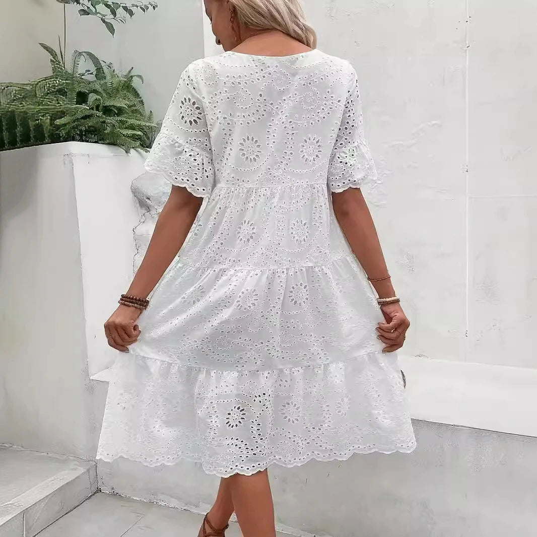 Vestido Midi Boho para Mujer | Bordado Inglés, Manga Corta y Volantes, Verano